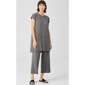 EILEEN FISHER taupe tan fine jersey crew neck long longline tunic knit top